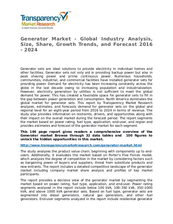 Generator Market Growth, Trend, Price and Forecast to 2024 Generator Market - Global Industry Analysis, Size,