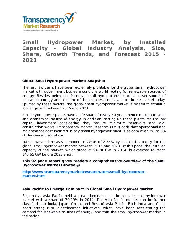 Small Hydropower Market Growth, Trend, Price and Forecast to 2023 Small Hydropower Market, by Installed Capacity - G
