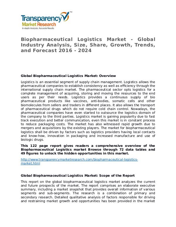 Biopharmaceutical Logistics Market Size, Share and Forecast Biopharmaceutical Logistics Market - Global Indust