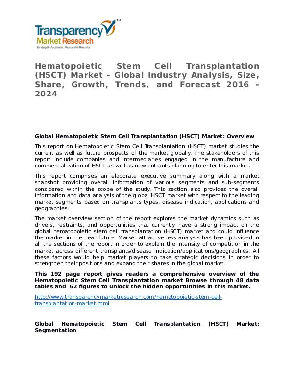 Hematopoietic Stem Cell Transplantation Market 2016 Hematopoietic Stem Cell Transplantation (HSCT) Mar
