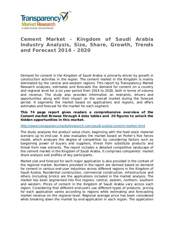 Cement Global Analysis & Forecast to 2014 Market Research Report Cement Market - Kingdom of Saudi Arabia Industry A
