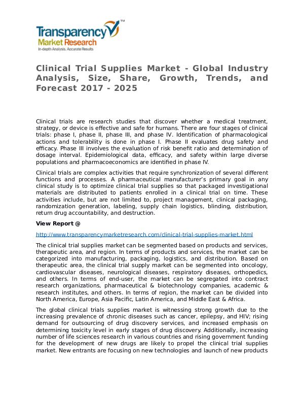 Clinical Trial Supplies 2017 Market Clinical Trial Supplies Market - Global Industry A