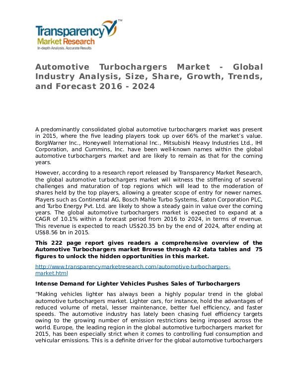 Automotive Turbochargers Market Research Report and Forecasts 2014 Automotive Turbochargers Market - Global Industry