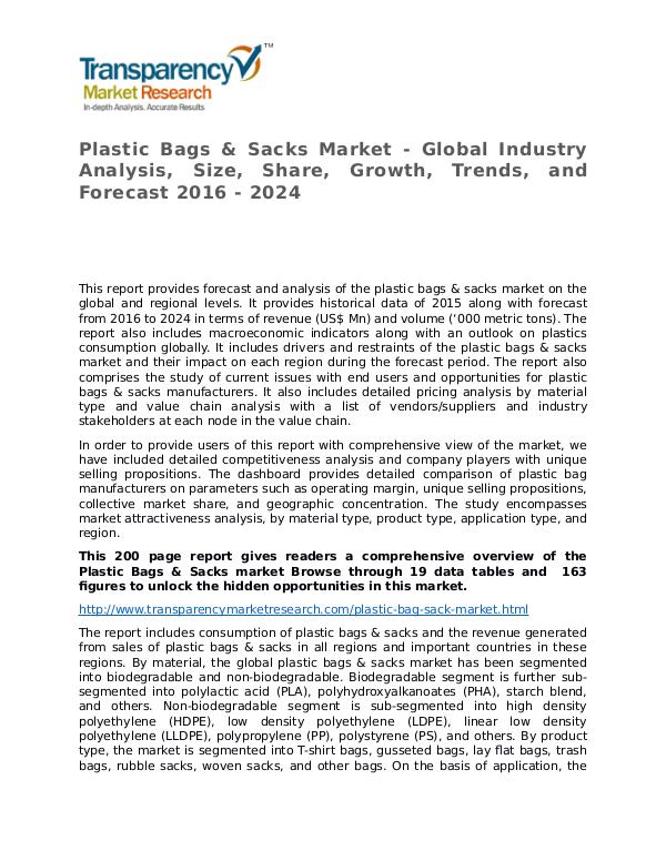 Plastic Bags & Sacks Market Research Report and Forecast up to 2024 Plastic Bags & Sacks Market - Global Industry Anal