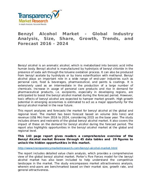 Benzyl Alcohol Market Research Report and Forecast up to 2024 Benzyl Alcohol Market - Global Industry Analysis,