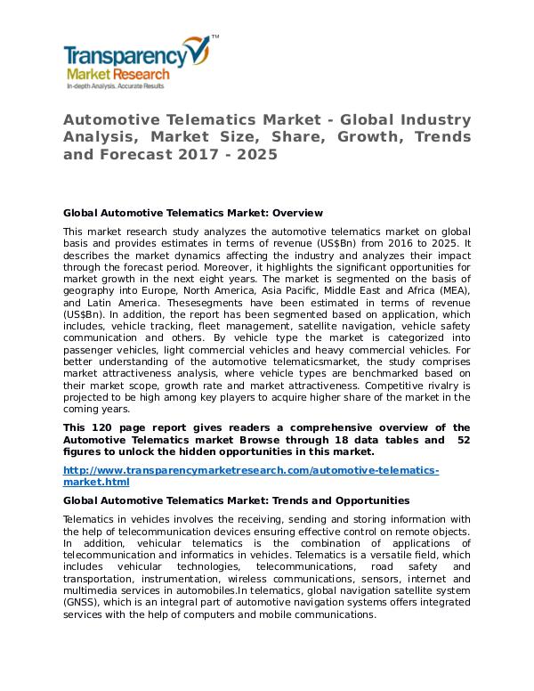 Automotive Telematics Market Research Report and Forecast up to 2027 Automotive Telematics Market - Global Industry Ana