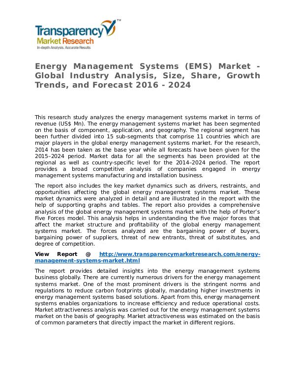 Energy Management Systems Market Research Report and Forecast Energy Management Systems (EMS) Market - Global In