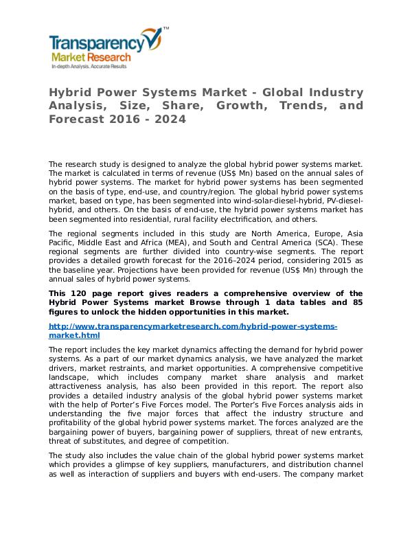 Hybrid Power Systems Market Research Report and Forecast up to 2024 Hybrid Power Systems Market - Global Industry Anal
