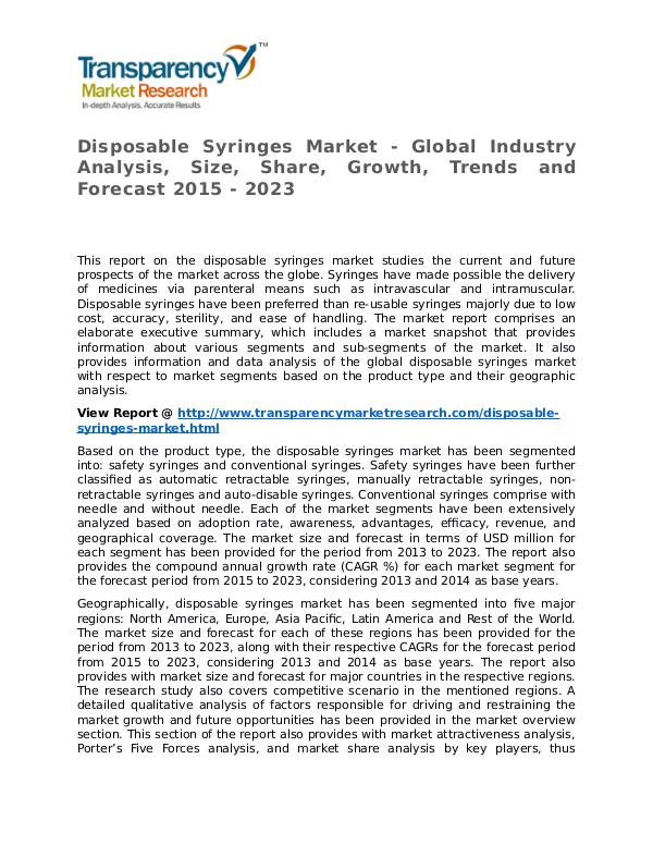 Disposable Syringes Market Research Report and Forecast up to 2023 Disposable Syringes Market - Global Industry Analy