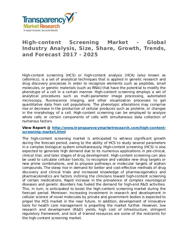 High-content Screening Market Research Report and Forecast up to 2027 High-content Screening Market - Global Industry An