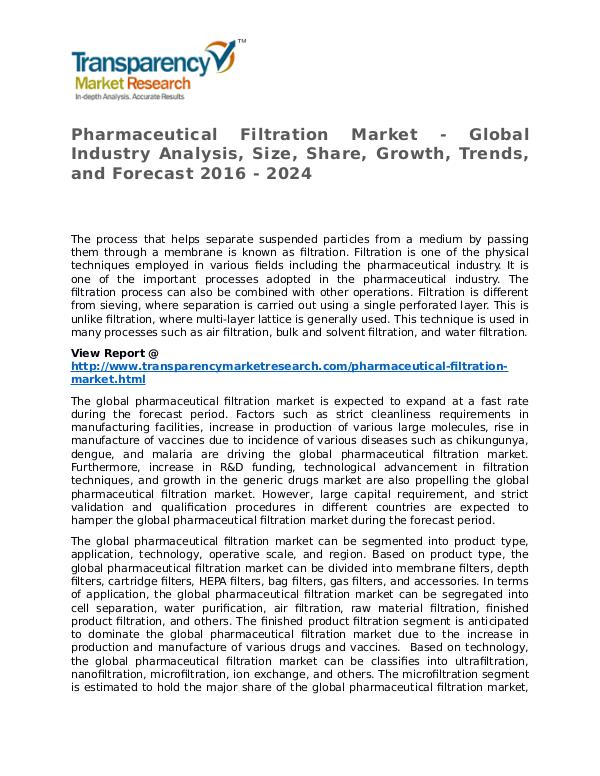 Pharmaceutical Filtration Market Research Report and Forecast Pharmaceutical Filtration Market - Global Industry