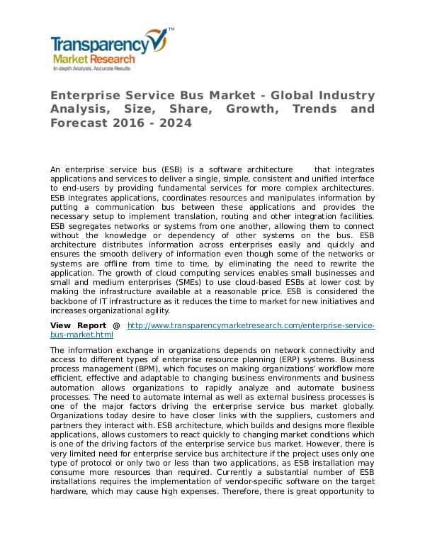 Enterprise Service Bus Market Research Report and Forecast up to 2024 Enterprise Service Bus Market - Global Industry An
