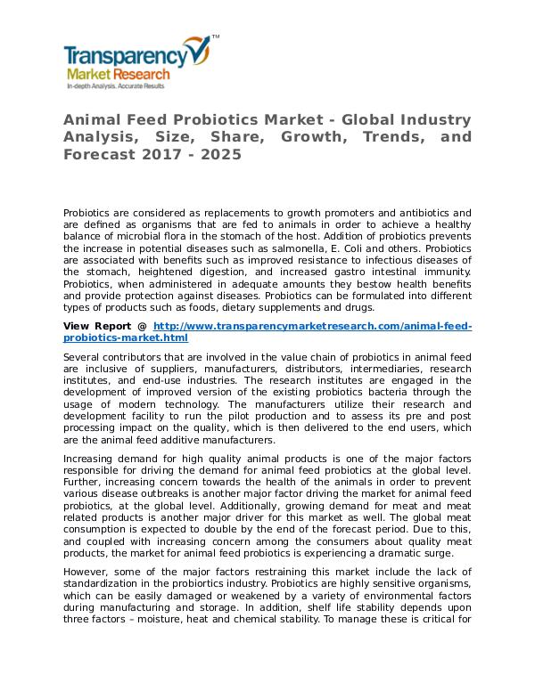 Animal Feed Probiotics Market Research Report and Forecast up to 2025 Animal Feed Probiotics Market - Global Industry An