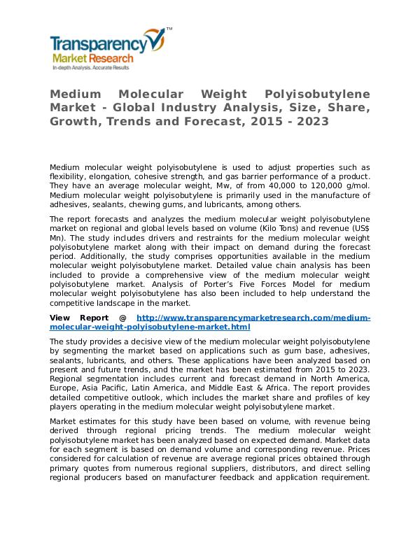 Medium Molecular Weight Polyisobutylene Market Research Report Medium Molecular Weight Polyisobutylene Market - G
