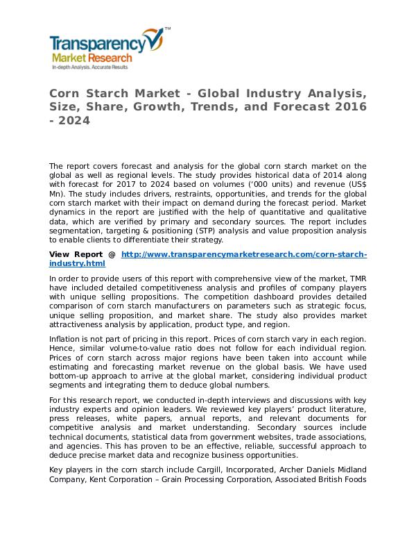 Corn Starch Market Research Report and Forecast up to 2024 Corn Starch Market - Global Industry Analysis, Siz
