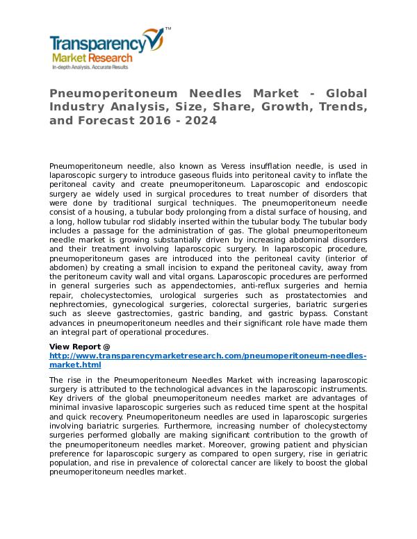 Pneumoperitoneum Needles Market Research Report and Forecast Pneumoperitoneum Needles Market - Global Industry