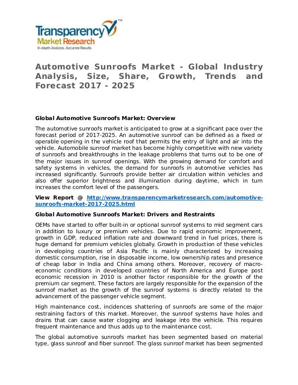 Automotive Sunroofs Market Research Report and Forecast up to 2025 Automotive Sunroofs Market - Global Industry Analy