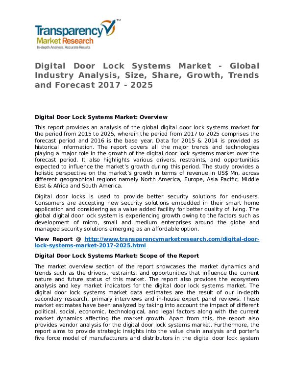 Digital Door Lock Systems Market Research Report and Forecast Digital Door Lock Systems Market - Global Industry