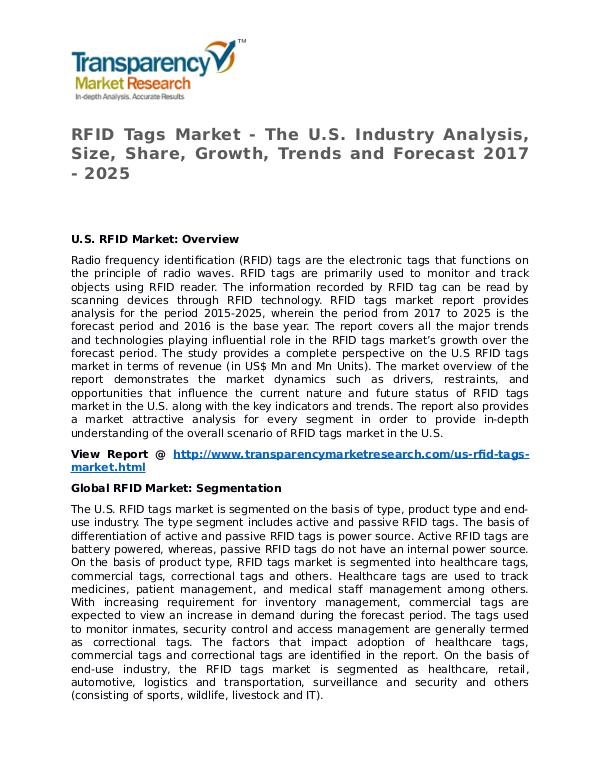 RFID Tags Market Research Report and Forecast up to 2025 RFID Tags Market - The U.S. Industry Analysis, Siz