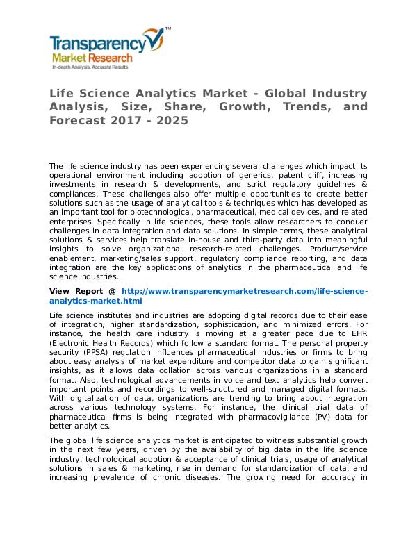 Life Science Analytics Market Research Report and Forecast up to 2025 Life Science Analytics Market - Global Industry An