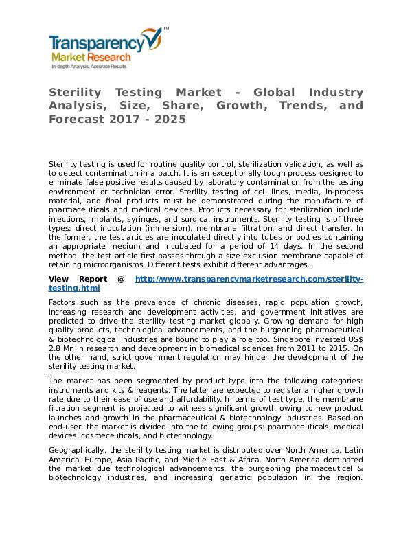 Sterility Testing Market Research Report and Forecast up to 2025 Sterility Testing Market - Global Industry Analysi