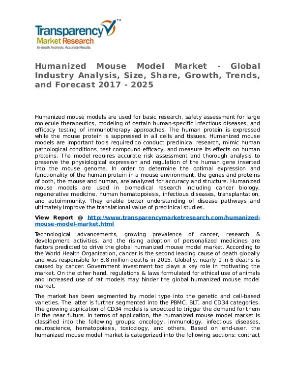Humanized Mouse Model Market Research Report and Forecast up to 2025 Humanized Mouse Model Market - Global Industry Ana