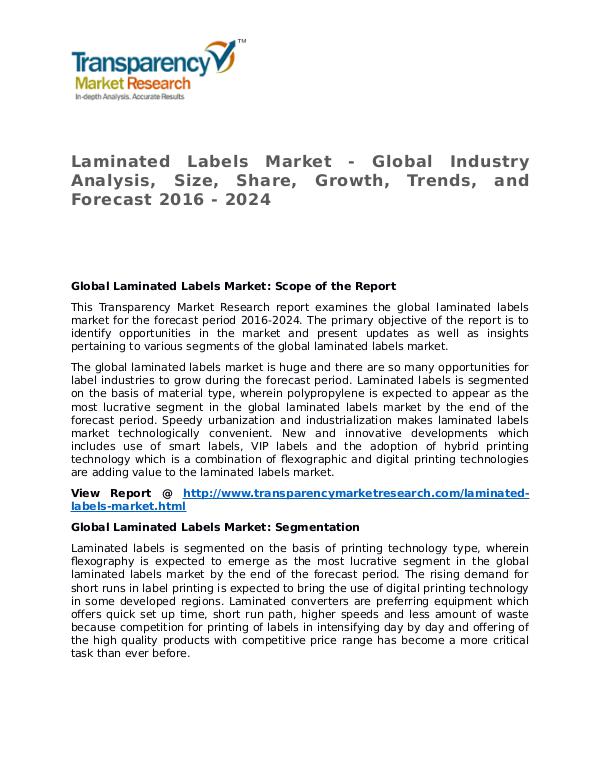 Laminated Labels Market Research Report and Forecast up to 2024 Laminated Labels Market - Global Industry Analysis