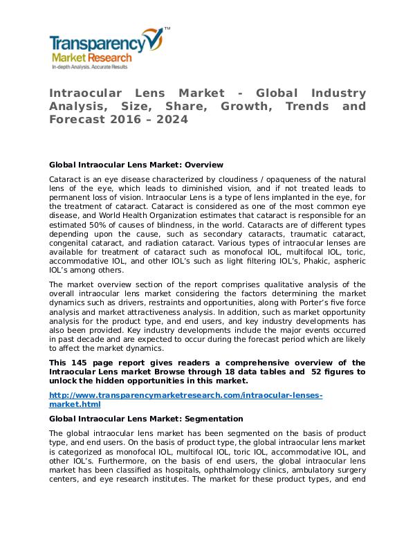 Intraocular Lens Market Research Report and Forecast up to 2024 Intraocular Lens Market - Global Industry Analysis