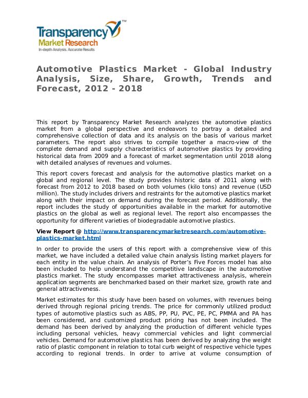 Automotive Plastics Market Research Report and Forecast up to 2018 Automotive Plastics Market - Global Industry Analy