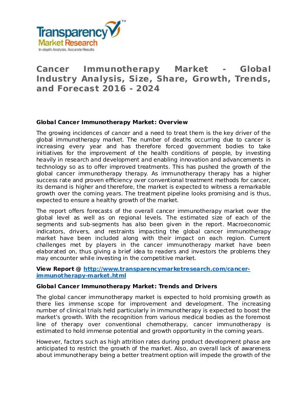 Cancer Immunotherapy Market Research Report and Forecast up to 2024 Cancer Immunotherapy Market - Global Industry Anal