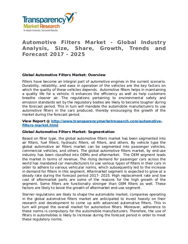 Automotive Filters Market Research Report and Forecast up to 2025 Automotive Filters Market - Global Industry Analys