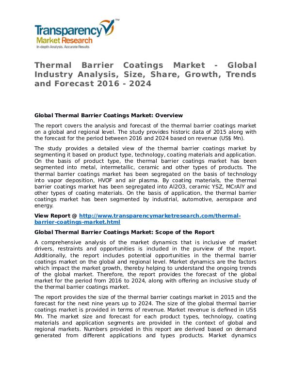 Thermal Barrier Coatings Market Research Report and Forecast Thermal Barrier Coatings Market - Global Industry