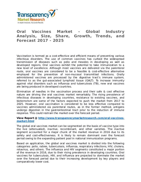 Oral Vaccines Market Research Report and Forecast up to 2025 Oral Vaccines Market - Global Industry Analysis, S