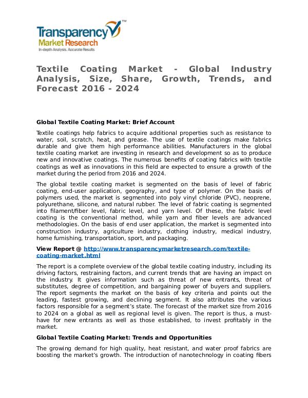 Textile Coating Market Research Report and Forecast up to 2024 Textile Coating Market - Global Industry Analysis,