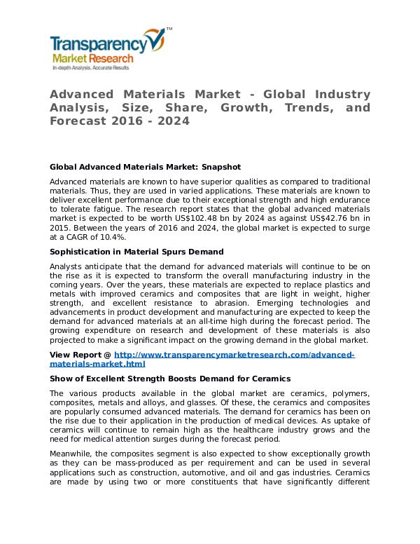 Advanced Materials Market Research Report and Forecast up to 2024 Advanced Materials Market  Growth, Trends, and For