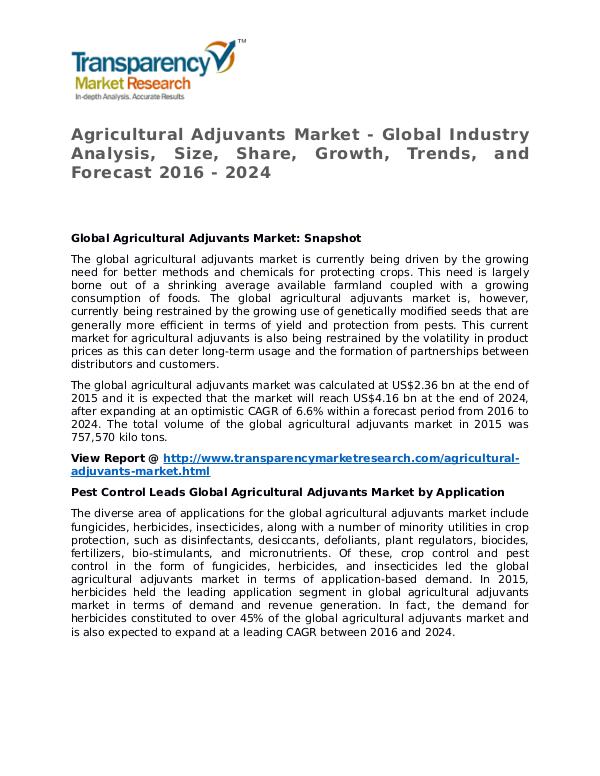 Agricultural Adjuvants Market Research Report and Forecast up to 2024 Agricultural Adjuvants Market Growth, Trends, and