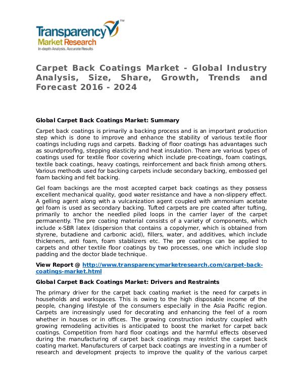 Carpet Back Coatings Market Research Report and Forecast up to 2024 Carpet Back Coatings Market
