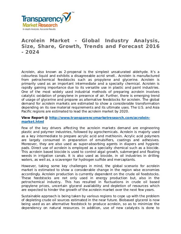 Acrolein Market Research Report and Forecast up to 2024 Acrolein Market