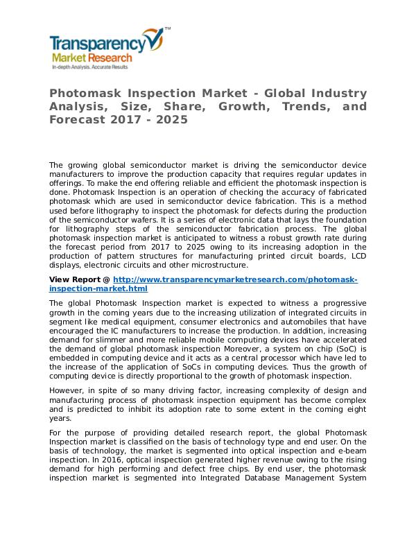Photomask Inspection Market Research Report and Forecast up to 2025 Photomask Inspection Market