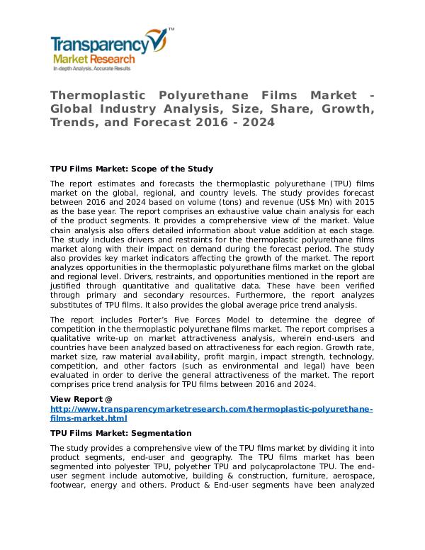 Thermoplastic Polyurethane Films Market 2016 Share and Forecast Thermoplastic Polyurethane Films Market