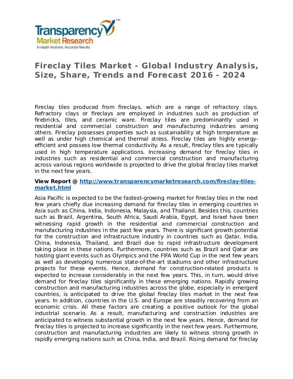 Fireclay Tiles Market 2016 Share, Trend, Segmentation and Forecast Fireclay Tiles Market