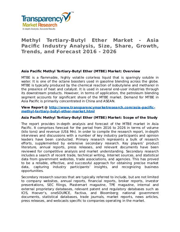 Methyl Tertiary-Butyl Ether Market 2016 Methyl Tertiary-Butyl Ether Market
