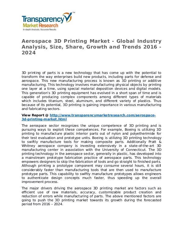 Aerospace 3D Printing Market 2016 Share, Trend and Forecast Aerospace 3D Printing Market