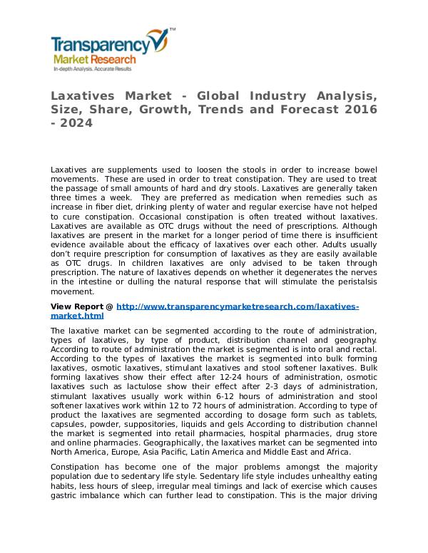 Laxatives Market 2016 Share,Trend,Segmentation and Forecast to 2024 Laxatives Market