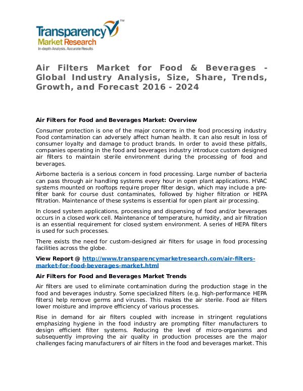 Air Filters Market 2016 Share, Trend, Segmentation and Forecast Air Filters Market for Food & Beverages Market