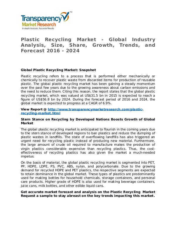 Plastic Recycling Market 2016 Share, Trend, Segmentation and Forecast Plastic Recycling Market