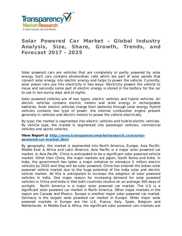 Solar Powered Car Market 2016 Share, Trend, Segmentation and Forecast Solar Powered Car Market