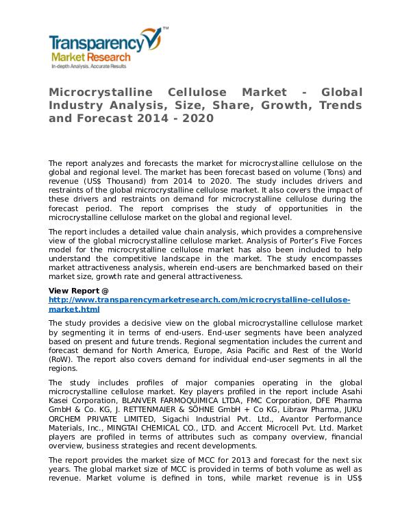 Microcrystalline Cellulose Market 2014 Microcrystalline Cellulose Market - Global Industr