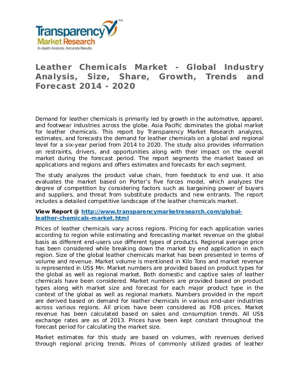 Leather Chemicals Market 2014 Share, Trend, Segmentation and Forecast Leather Chemicals Market