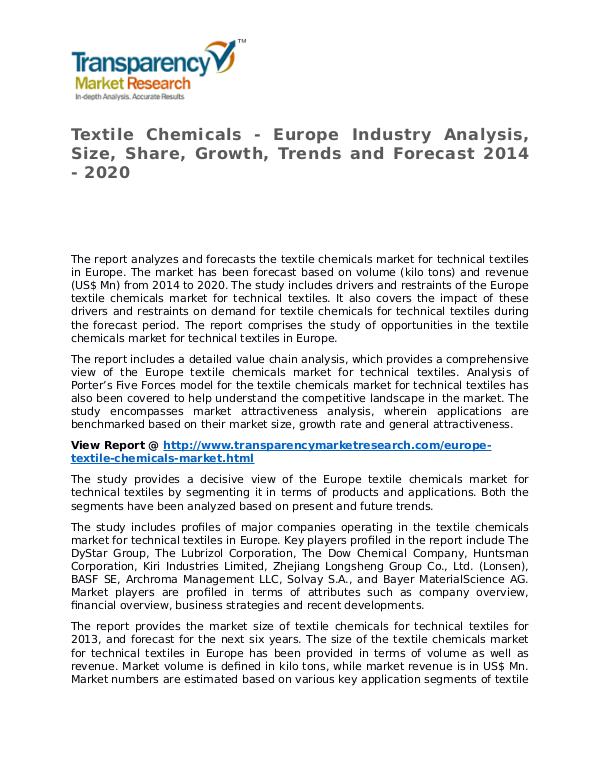 Textile Chemicals Market 2014 Share, Trend, Segmentation and Forecast Textile Chemicals - Europe Industry Analysis, Size